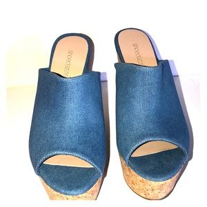 Denim wedge sandals with cork style heel